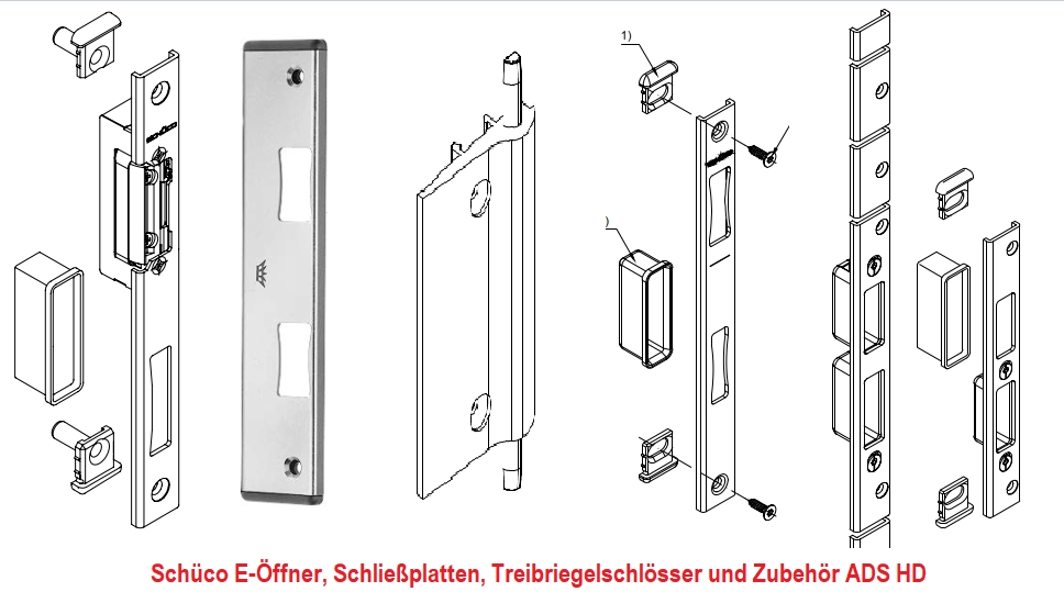 Schüco E-Öffner, Schließplatten und Treibriegelschlösser, ADS HD, Elektrische Türöffner, Schließplatten, Elektrische Türöffner, Schließplatten, Schließleisten, Elektrischer Türöffner für ASSA-Schlösser, Schließplatte für ASSA-Schlösser, Schließplatte für